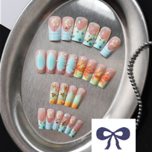 Uñas Francesas Tropicales TY-903 – Azul y Verde con Flores 3D