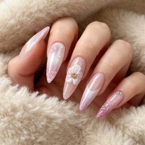 Uñas Postizas con Flores 3D en Relieve y Cristales CJCY-661