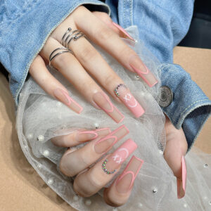 Uñas Postizas de Tubo Rosa con Caritas y Acabado Mate SGCY-74