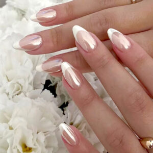 Uñas Postizas Almendra con Francesa Cromada Efecto Aurora FS-29 – 30 Piezas