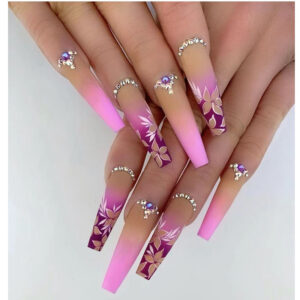 Uñas Postizas Púrpura con Flores y Degradado | CBLCY-47