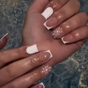 Uñas Blancas de Copos de Nieve XZ91 – Cuadradas Navideñas