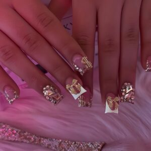 Uñas Postizas Pato Francesas con Lazo Dorado y Brillo YZ28