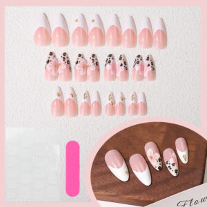 Uñas Francesas Leopardo TY-989 – Almendra Larga en Tono Nude