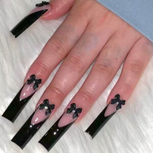 Uñas Postizas Extra Largas con Francesa Negra y Lazos SGCY-426