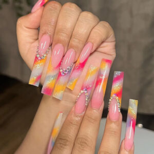 Uñas Postizas Largas con Francesa Multicolor, Glitter y Strass | SGCY-156