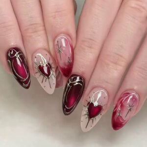 Uñas Francesas Rojas TY-680 – Corazones en Almendra