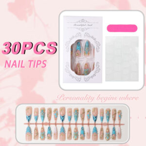 Uñas Leopardo Degradado con Francesa Dorada TY-1080 – Almendra, 30 Piezas