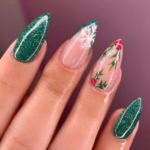 Uñas postizas de Navidad con copos de nieve y french verde — Y-399