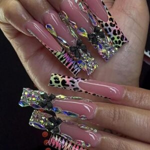 Uñas Francesas Leopardo TY-402 – Hechas a Mano con Strass y Lazo