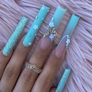 Uñas Postizas Largas con Moños, Flores, Degradado Mate y Strass | SGCY-300