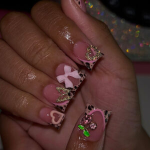 Uñas Pico de Pato con Leopardo, Lazos y Corazones L8