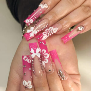 Uñas Postizas de Tubo Rosas con Francesa, Moños y Strass | SGCY-382
