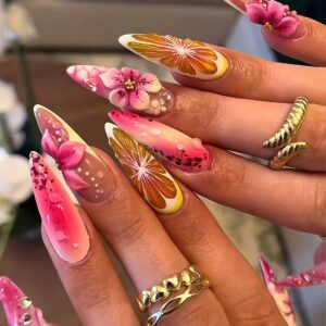 Uñas Postizas Stiletto con Flores y Degradado Veraniego XZ84