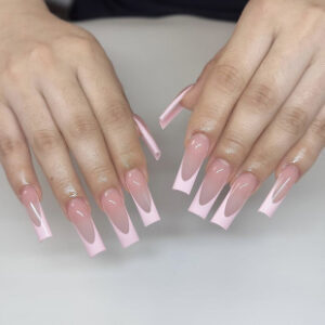 Uñas Francesas con Borde Rosa TY-20 – Largas Cuadradas Minimalistas
