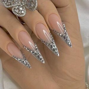 Uñas postizas de novia largas con french, brillo y pedrería — CJCY-135