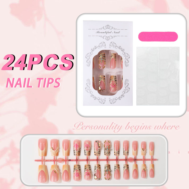 Uñas Francesas Rosa Translúcido TY-1049 – Flores 3D Borde Amarillo