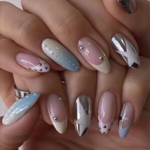 Uñas Almendra con Conchas 3D WW2 – 24 Piezas Efecto Marino