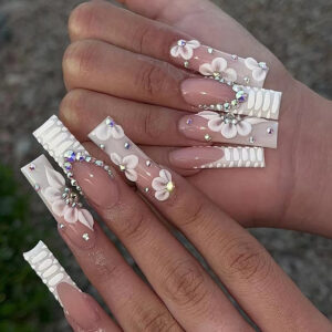 Uñas Postizas de Novia con Flores 3D, Francesa y Textura Reptil | SGCY-136
