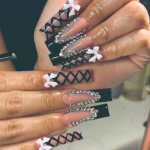 Uñas Postizas de Tubo Coquette con Moños, Líneas y Perlas SGCY-447