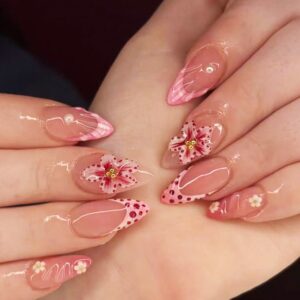 Uñas Postizas Almendra con Flores 3D, Concha y Leopardo XZ95