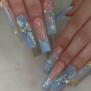 Uñas postizas largas azules con flores, lazos y brillo — SGCY-216