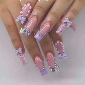 Uñas postizas con flores, lazos cruzados y mariposas de pedrería — SGCY-460