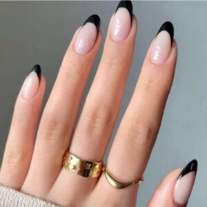 Uñas Postizas Almendra con Francesa Negra y Brillos | FS-05