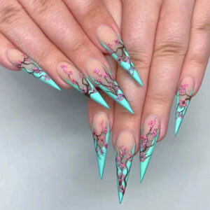 Uñas Postizas de Punta Larga Azul Tiffany con Flor de Ciruelo | CJCY-61