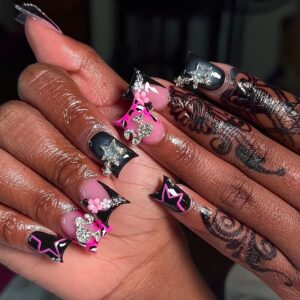 Uñas Pico de Pato con Estrellas, Cristales y Flores AS55