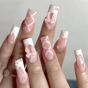 Uñas postizas rosas largas con lazos y flores delicadas — SGCY-441