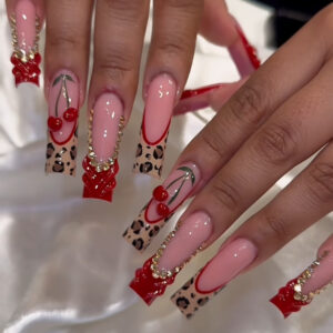 Uñas Postizas de Tubo Rojas con Cerezas, Leopardo y Strass SGCY-607