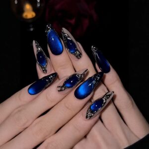 Uñas Postizas Almendra Largas Ojo de Gato Azul XZ122