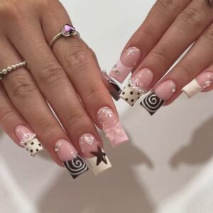 Uñas Postizas Francesas Cuadradas con Lacitos Dulces XZ90