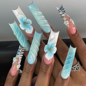 Uñas Postizas Azules con Flores 3D, Estrellas y Strass SGCY-526