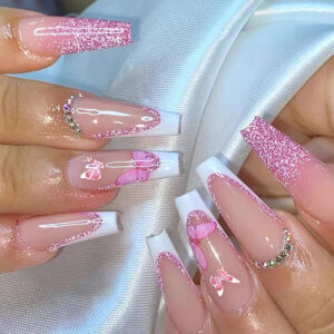 Uñas postizas ballet rosas con brillo, mariposas y french — CBLCY-379