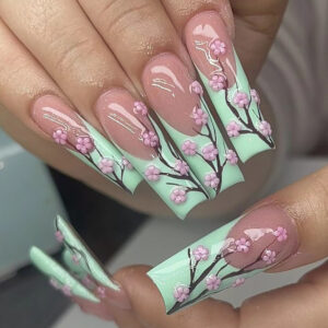 Uñas Postizas Tubo con Flores de Inspiración Oriental y Francesa SGCY-201 – 24 Piezas