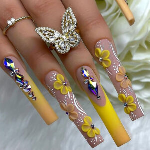Uñas postizas largas con french, flores y pedrería — SGCY-318