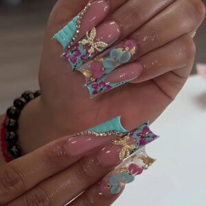 Uñas Largas de Mariposa Dorada y Pétalos XXS226 – Tubo Estilizado