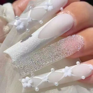 Uñas Postizas para Novia con Perlas y Destellos SGCY-209
