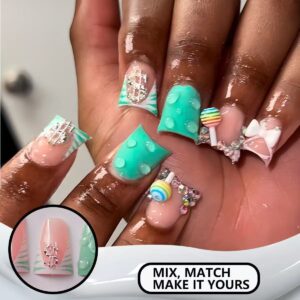 Uñas Postizas Pato con Piruletas, Gotas 3D y Lazo AA188