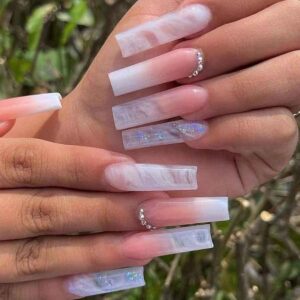 Uñas Postizas Tubo con Francesa Transparente, Degradado y Cristales SGCY-203