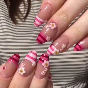 Uñas Postizas Rosas con Flores y Strass WW61 – 24 Piezas