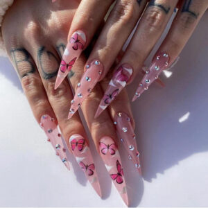 Uñas Postizas de Punta Larga con Mariposas y Strass CJCY-51