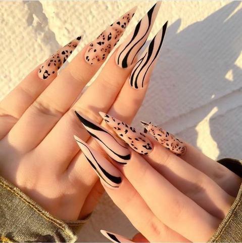 Uñas postizas bailarina largas con estampado de leopardo naranja