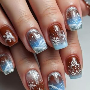 Uñas Postizas Cuadradas con Degradado Invernal, Paisaje Nevado y Hombre de Jengibre Y1003