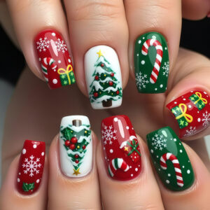 Uñas Postizas de Navidad Rojas y Verdes con Regalos, Árbol y Copos de Nieve Y1007