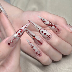 Uñas Postizas Stiletto Largas Blancas con Cruz Gótica Roja y Cristales Y219